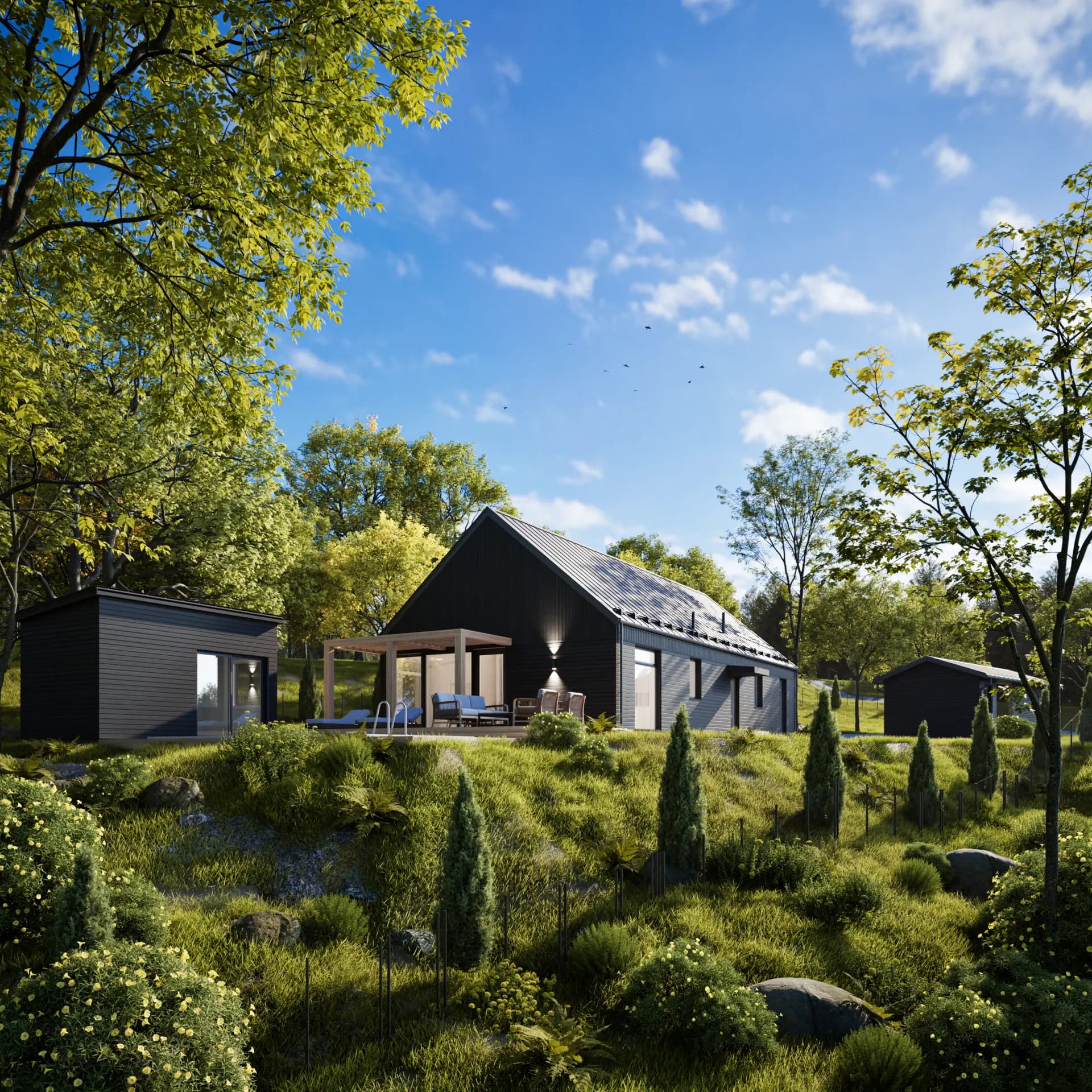 Uteplats under pergola, mot naturtomten